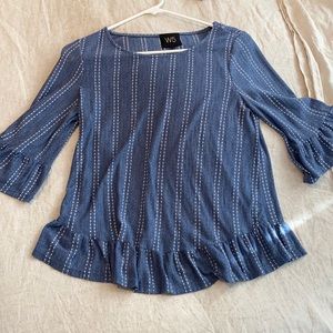 W5 quarter-sleeve blouse. Blue with Swiss dot ruffle sleeve